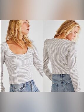 Free People Caroline Striped Scoop-Neck Long Sleeve Top - White & Gray